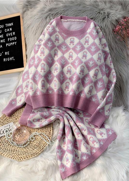 2025年 秋冬 新作 ファッション セットアップ カートゥーン柄 ニットセーター × ハーフスカート ラウンドネック セーター 2点セット（上下セット）
