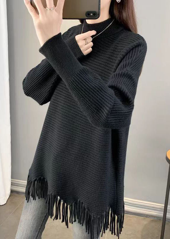 アート系 チョコレートカラー タッセル付き アシンメトリーデザイン ゆったり 秋 ニットワンピース