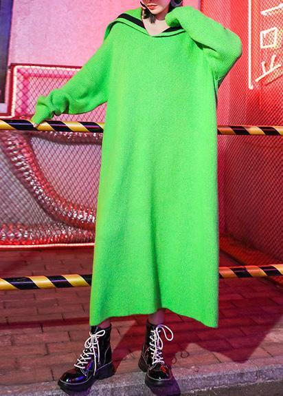 キュート グリーン ニットワンピース プラスサイズ対応 セーラーカラー アート風 冬用セータードレス