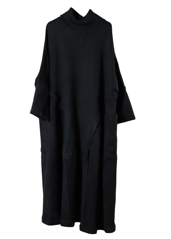 レディース ブラック タートルネック パッチワーク コーデュロイ風 秋用 ロング ニットセーター