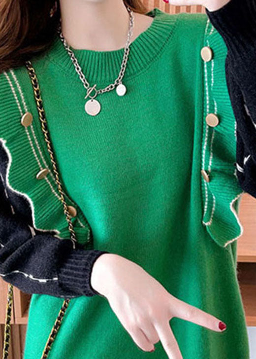 レディース グリーン フィットシルエット フリルプリント カシミヤ混 ロングニットワンピース 冬用