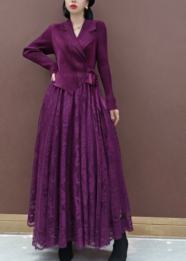 レディース パープル スリムフィット ウエストリボン ピーターパンカラー ニットトップス＋レーススカート セット 2点セット 春用