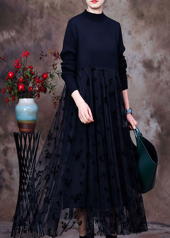 レディース ブラック スリムフィット Oネック レース パッチワーク ニットワンピース 春用（リゾート／旅行）