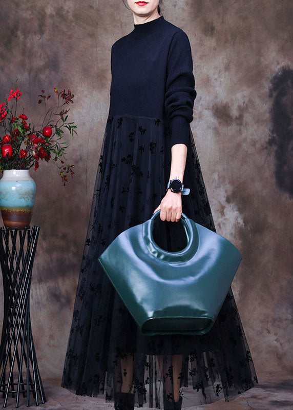 レディース ブラック スリムフィット Oネック レース パッチワーク ニットワンピース 春用（リゾート／旅行）