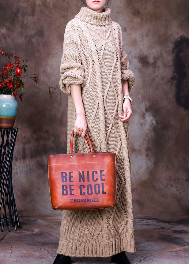 レディース フレンチカーキ タートルネック 透かし編み ニット 冬用 セーターワンピース