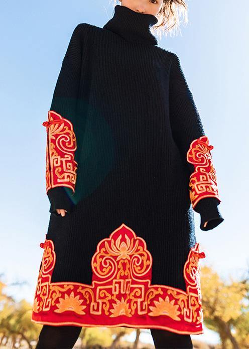 ニット ブラック セーターワンピース ヴィンテージ刺繍 オーバーサイズ ハイネック ニットドレス