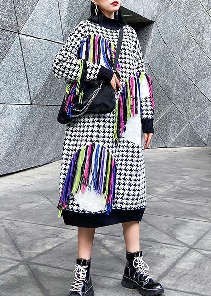 ニット チェック柄 セーターワンピース デザインタッセル オーバーサイズ ハイネック ニットドレス
