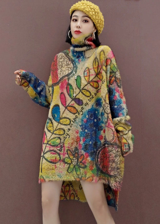 リーフ柄 ゆったり ニットワンピース サイドスリット 春