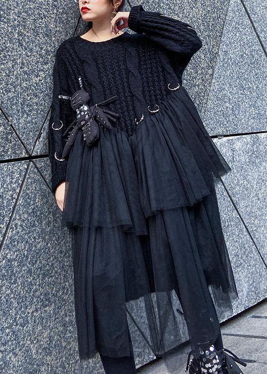 オーバーサイズ ブラック セーターワンピース ヴィンテージ風 Oネック 立体装飾 ビッグシルエット 春ニットワンピース