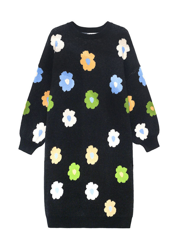 プラスサイズ ナチュラル ブラック 花柄 厚手 ニットワンピース 冬