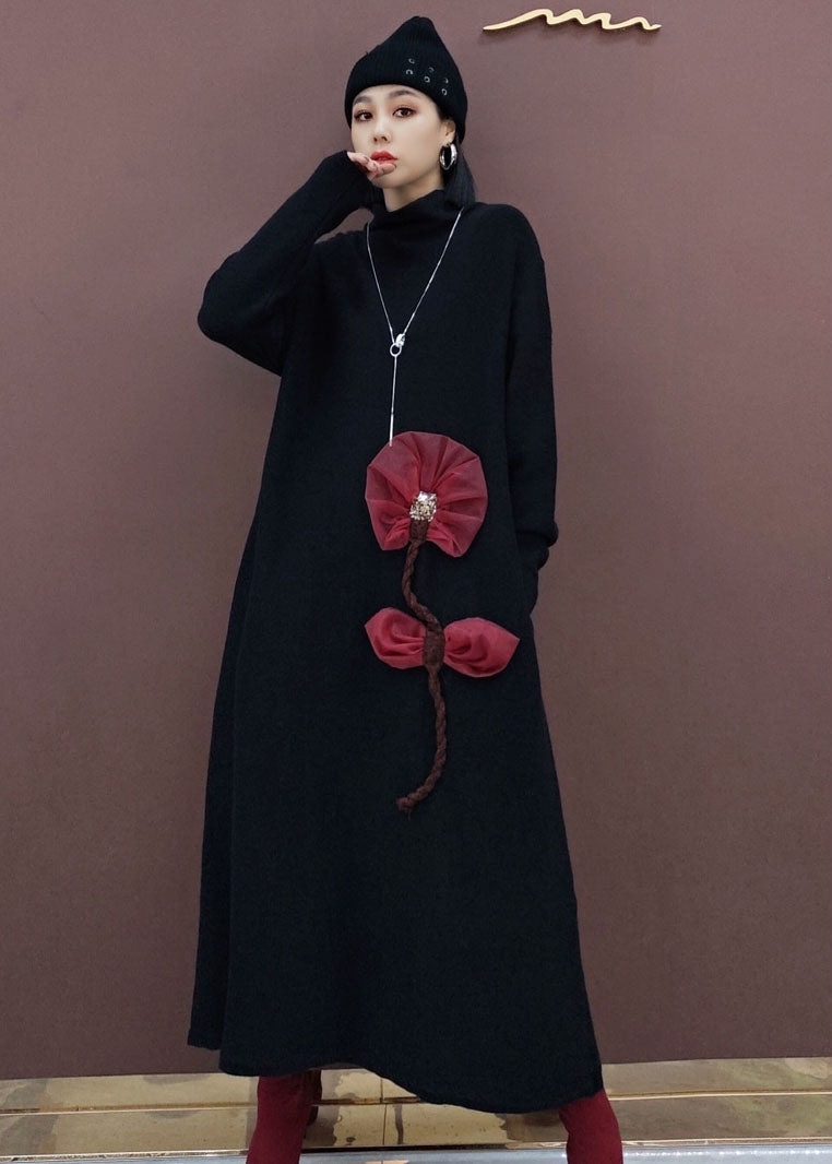 レディース ヴィンテージ風 ブラック タートルネック 花柄 ニットセーターワンピース 春用