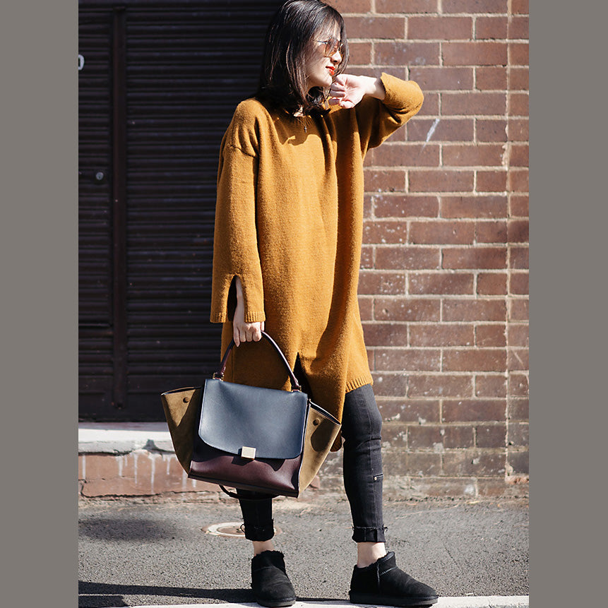 ヴィンテージ セーターウェザー ストリートスタイル Oネック 春 イエロー サイドスリット ニットワンピース