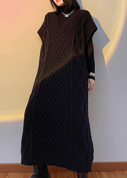 レディース ヴィンテージ風 Vネック ノースリーブ ニットセーター 春用 ワンピース ブラック チュニック ニットドレス