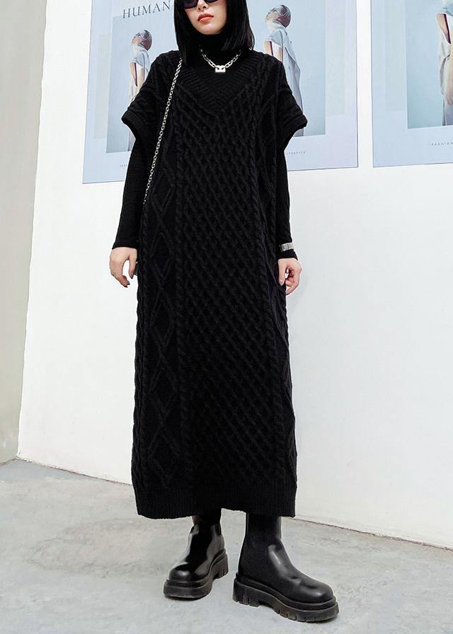 レディース ヴィンテージ風 Vネック ノースリーブ ニットセーター 春用 ワンピース ブラック チュニック ニットドレス