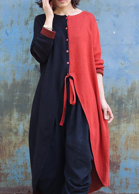 ウィンター アシンメトリー ニットスウェットトップス プラスサイズ対応 レッド×ブラック パッチワーク ニットアウター