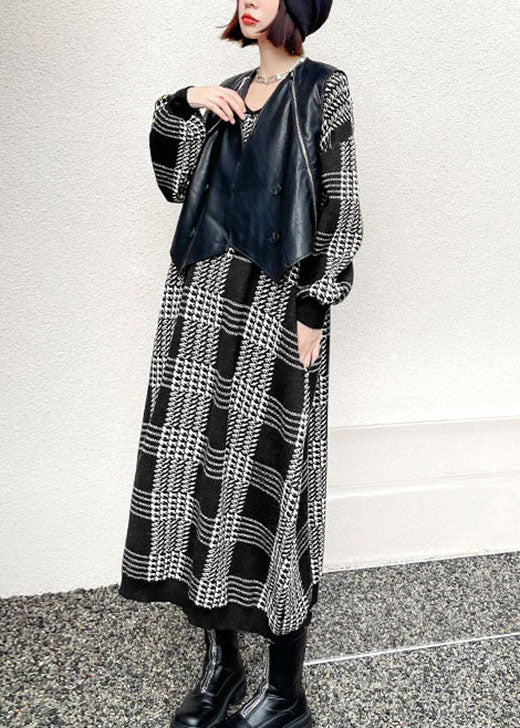 レディース ホワイト チェック柄 カジュアル 秋用 ニットワンピース