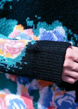 レディース ハイネック セーター アシンティック プラスサイズ対応 ブラックプリント ふわふわニットワンピース