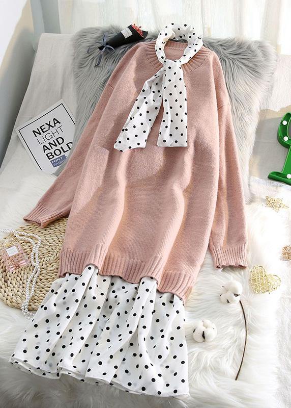 レディース Oネック パッチワーク ニットワンピース 大きいサイズ ブルー ふわふわ（ファジー） セーターワンピース