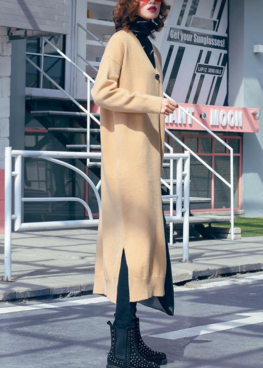 レディース Vネック サイドオープン セーター 上品カーキ ヒップスター ニットワンピース