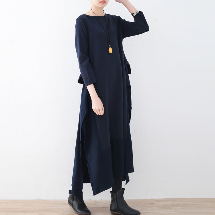 ブティック風 ダークブルー ニットワンピース 大きいサイズ レディース サイドスリット 秋 フェイク2ピース