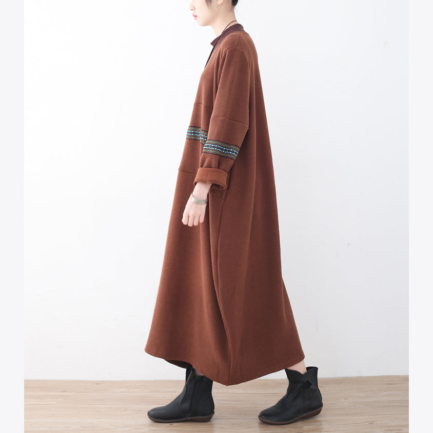 レディース ブティック風 ブラウン ニットワンピース 秋冬 パッチワーク プルオーバー 上質 ハイネック セーターワンピース