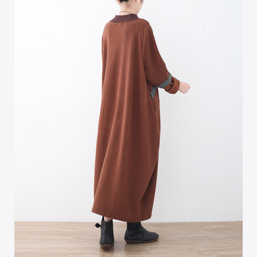 レディース ブティック風 ブラウン ニットワンピース 秋冬 パッチワーク プルオーバー 上質 ハイネック セーターワンピース